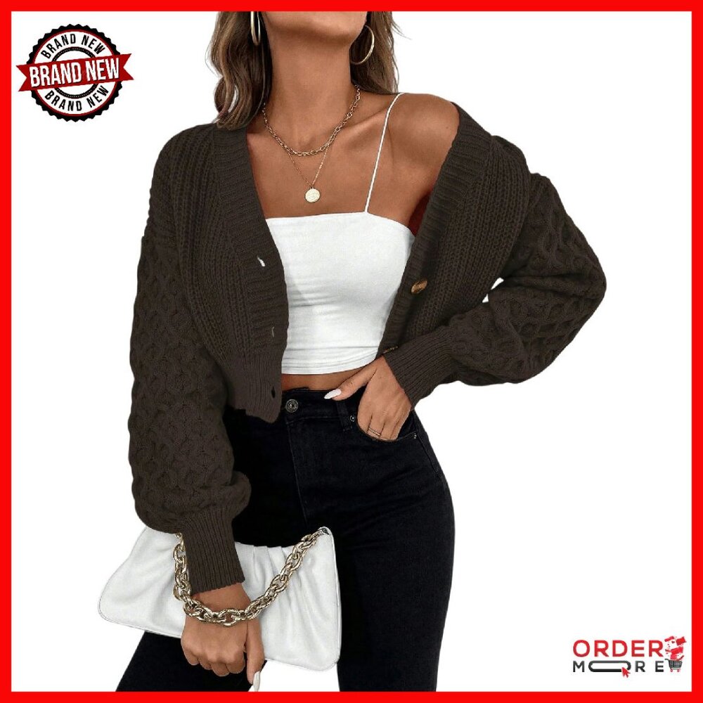 Cropped V-Neck Cable Knit Cardigan, Batwing Drop Shoulder, Button Up